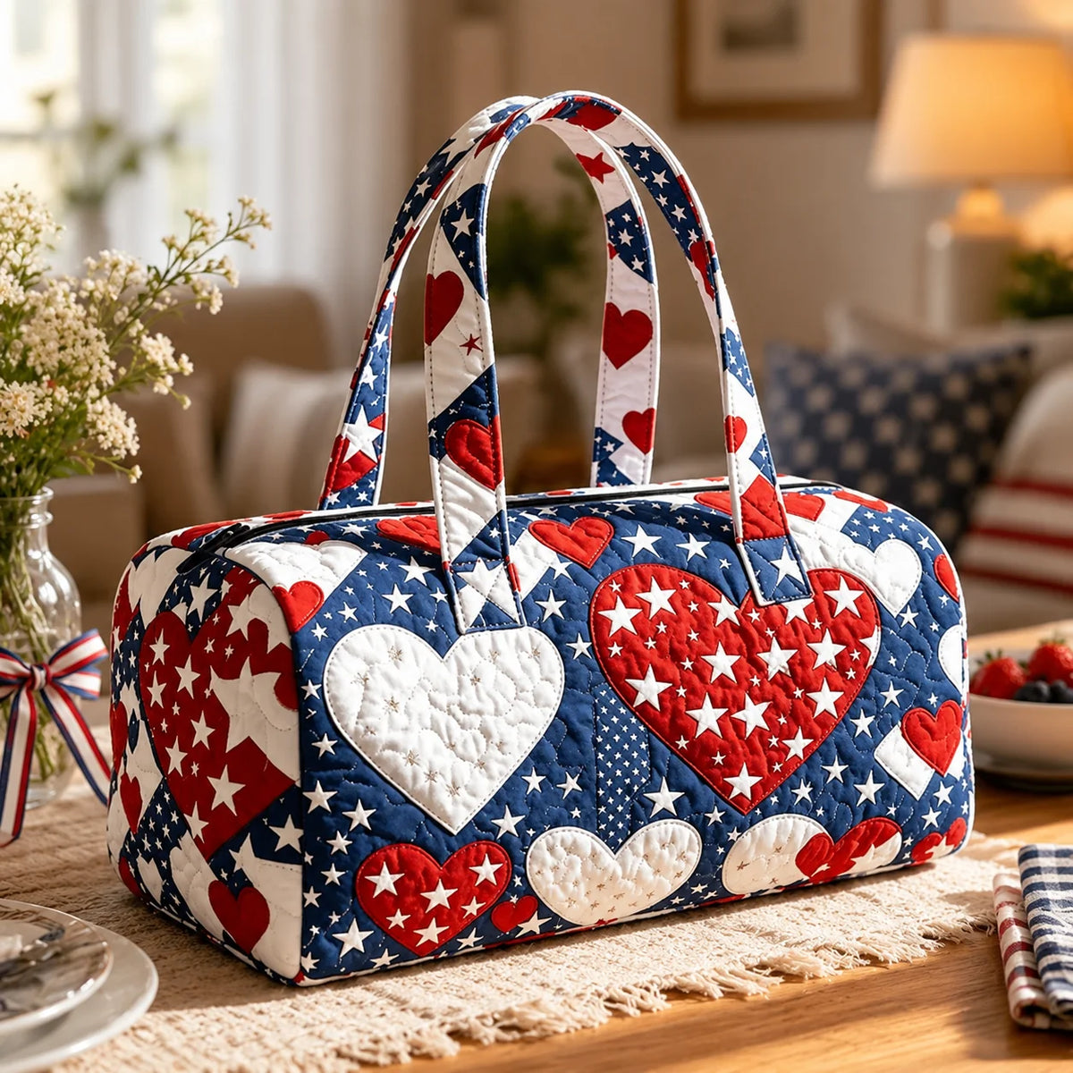 Space-Saving Handcrafted Patriotic Quilted Tote Bag – 3D Floral