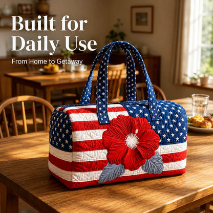 Space-Saving Handcrafted Patriotic Quilted Tote Bag – 3D Floral