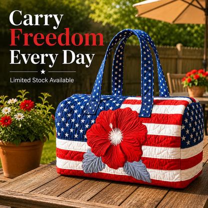 Space-Saving Handcrafted Patriotic Quilted Tote Bag – 3D Floral