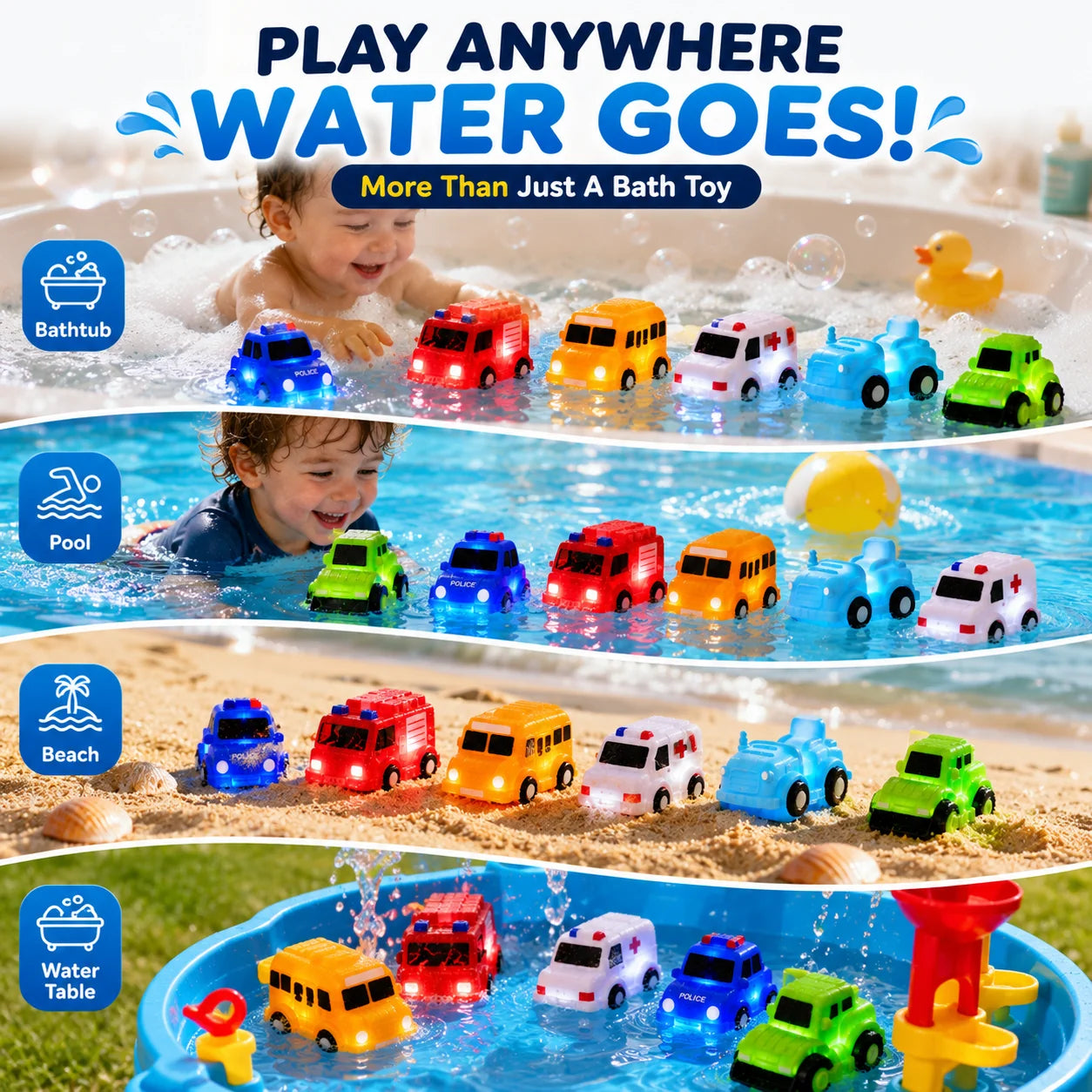 Vehicle-Ready 6PCS Water-Activated Light-Up Bath Toy Cars – Traffic &