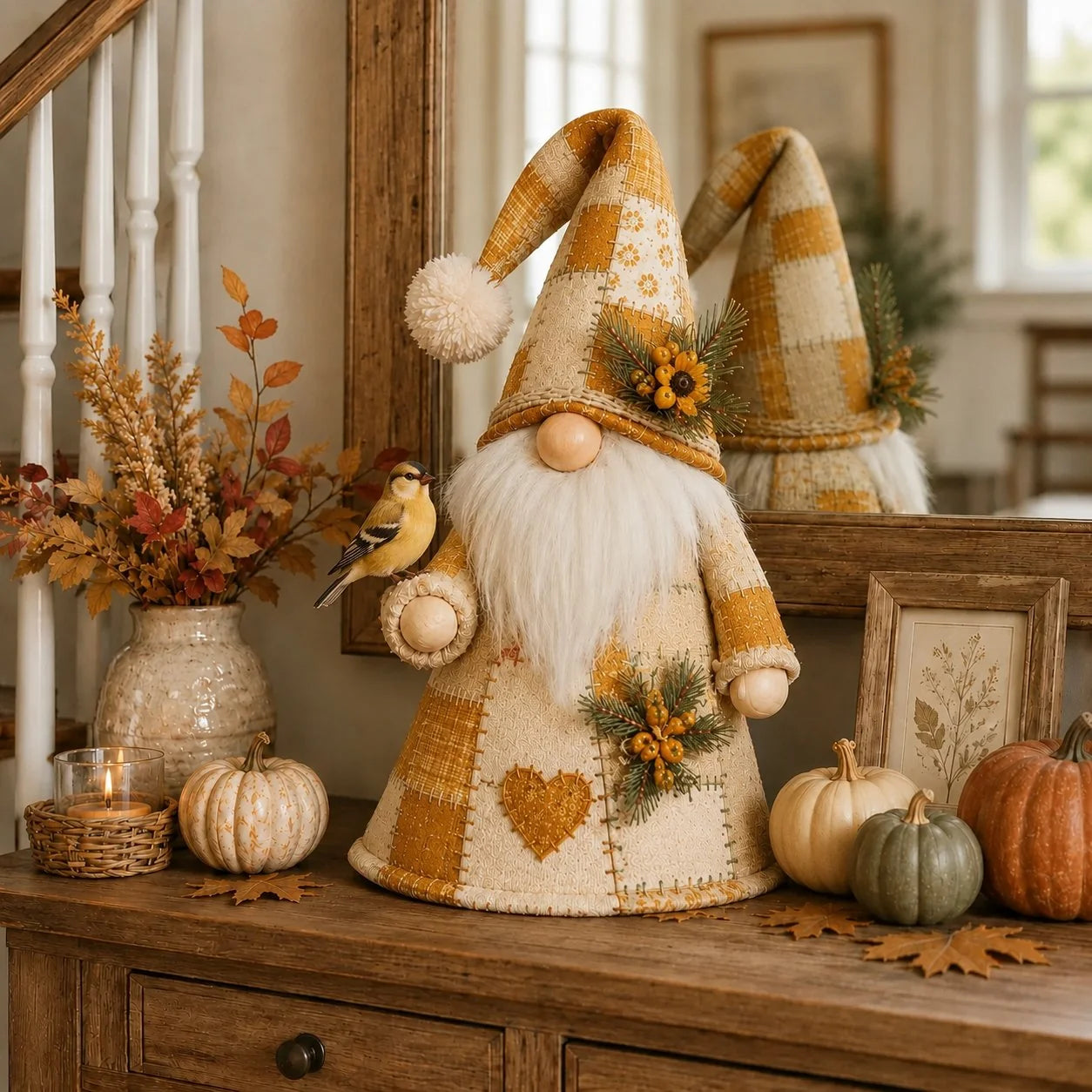 Warm-Lit Patchwork Birds and Gnomes for Seasonal Display