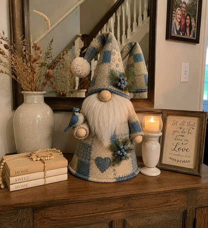 Warm-Lit Patchwork Birds and Gnomes for Seasonal Display