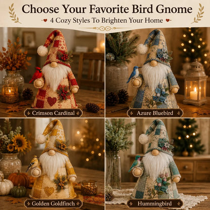 Warm-Lit Patchwork Birds and Gnomes for Seasonal Display