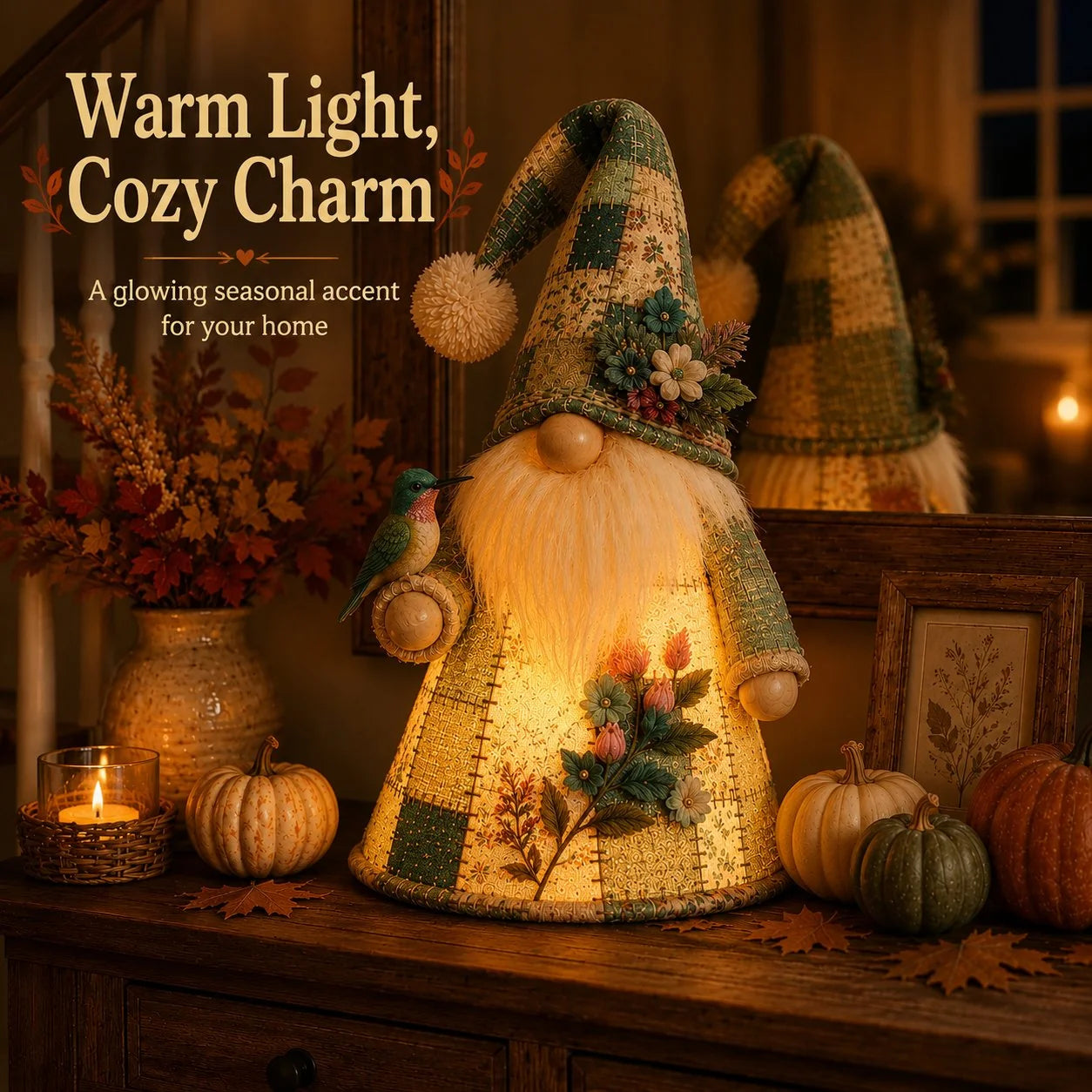 Warm-Lit Patchwork Birds and Gnomes for Seasonal Display