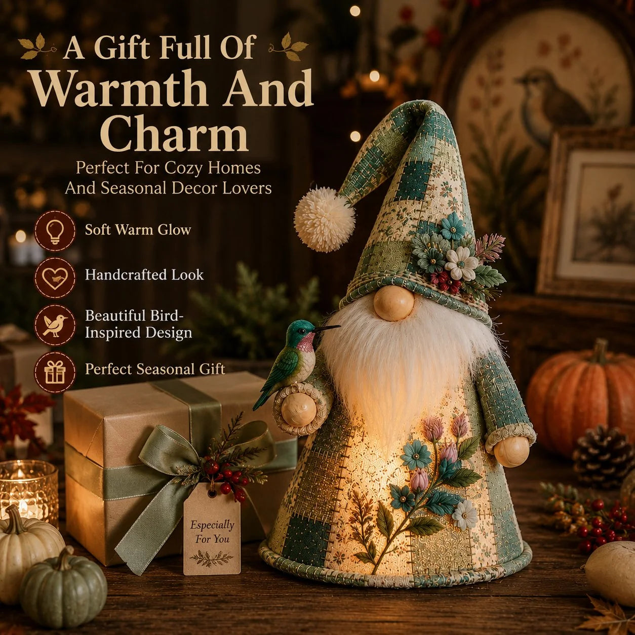 Warm-Lit Patchwork Birds and Gnomes for Seasonal Display
