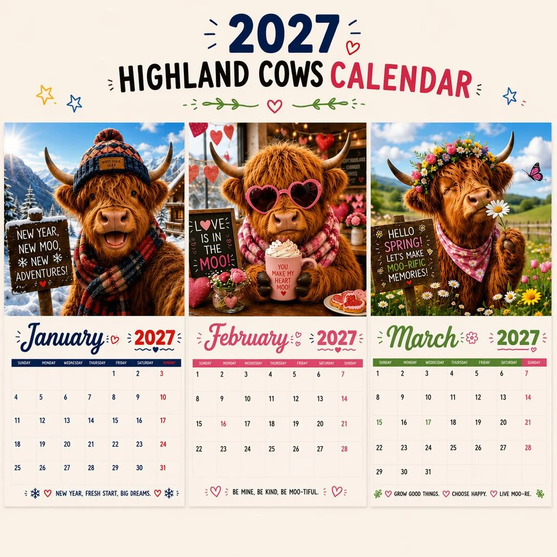 Purpose-Built Hot Calendar – Funny Highland Cow Wall Calendar – Cow