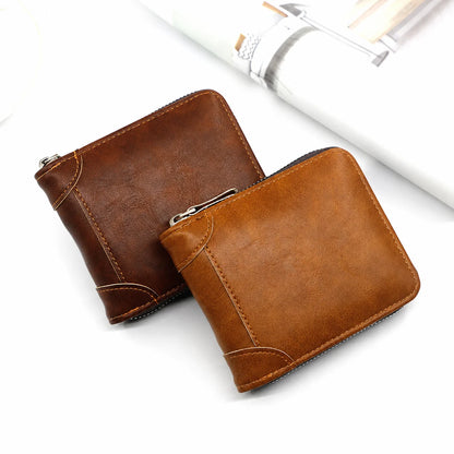 Vehicle-Ready Men Retro PU Leather Zip Wallet, Bifold Card Coin