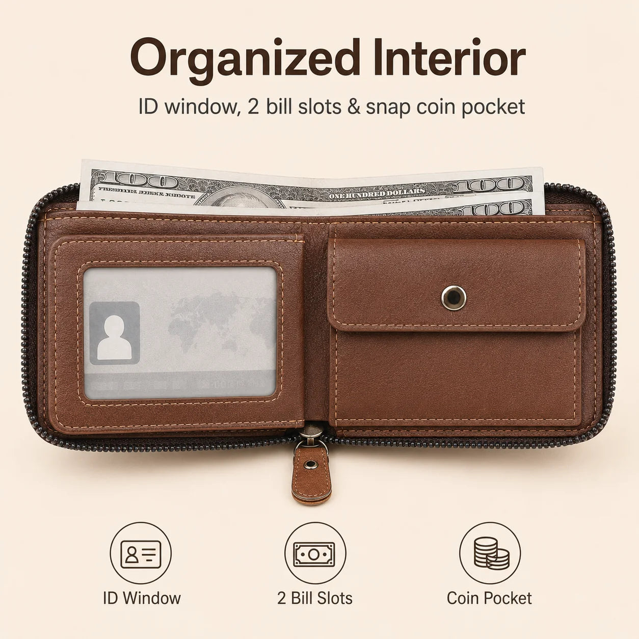Vehicle-Ready Men Retro PU Leather Zip Wallet, Bifold Card Coin