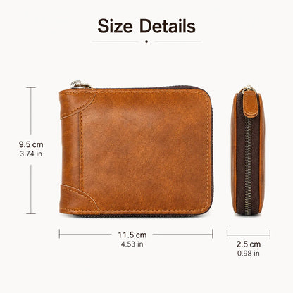 Vehicle-Ready Men Retro PU Leather Zip Wallet, Bifold Card Coin