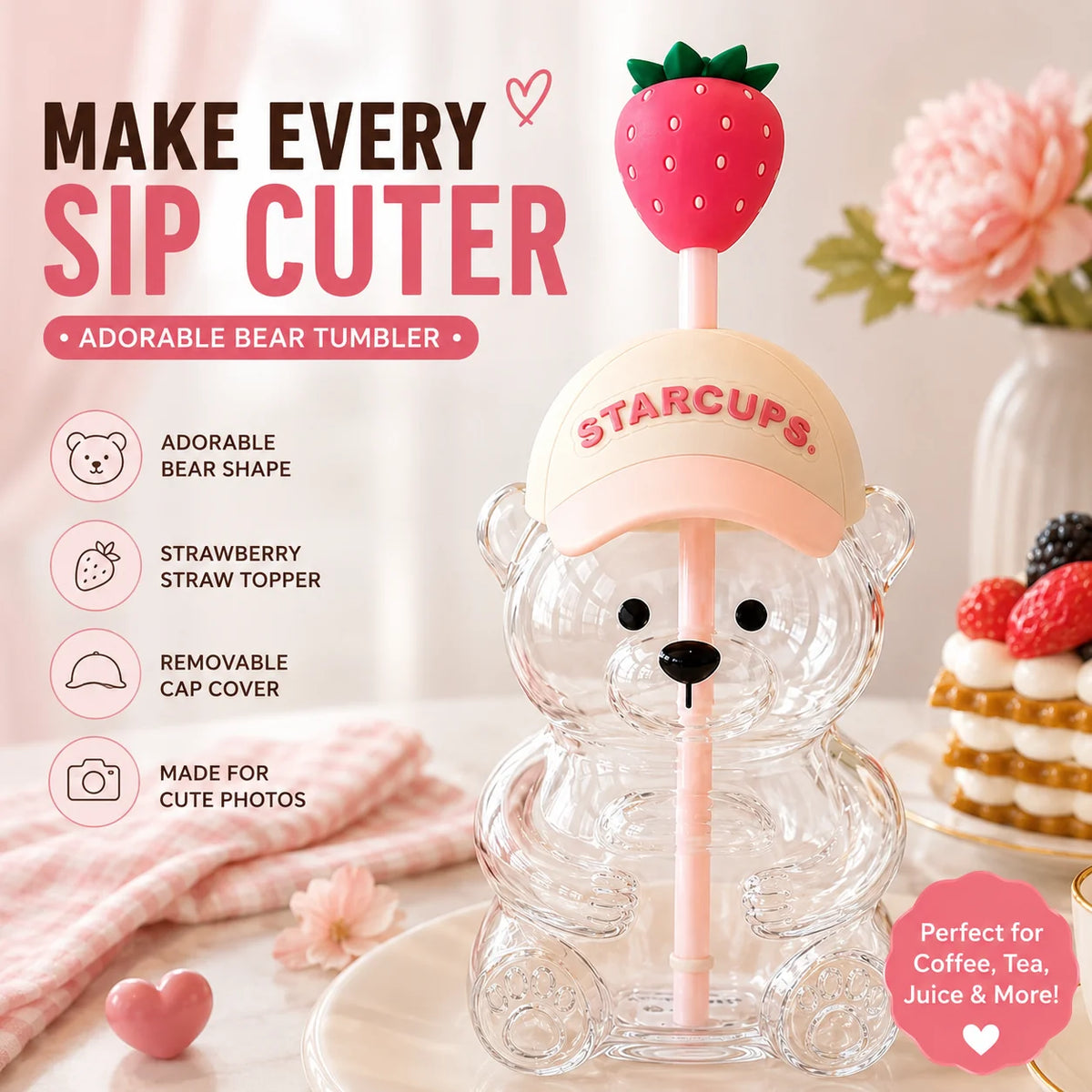Purpose-Built New Cute Beaar Glass Tumbler with Bear Lid & Strawberry