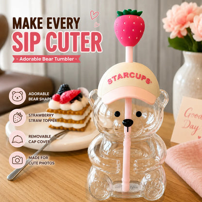 Purpose-Built New Cute Beaar Glass Tumbler with Bear Lid & Strawberry