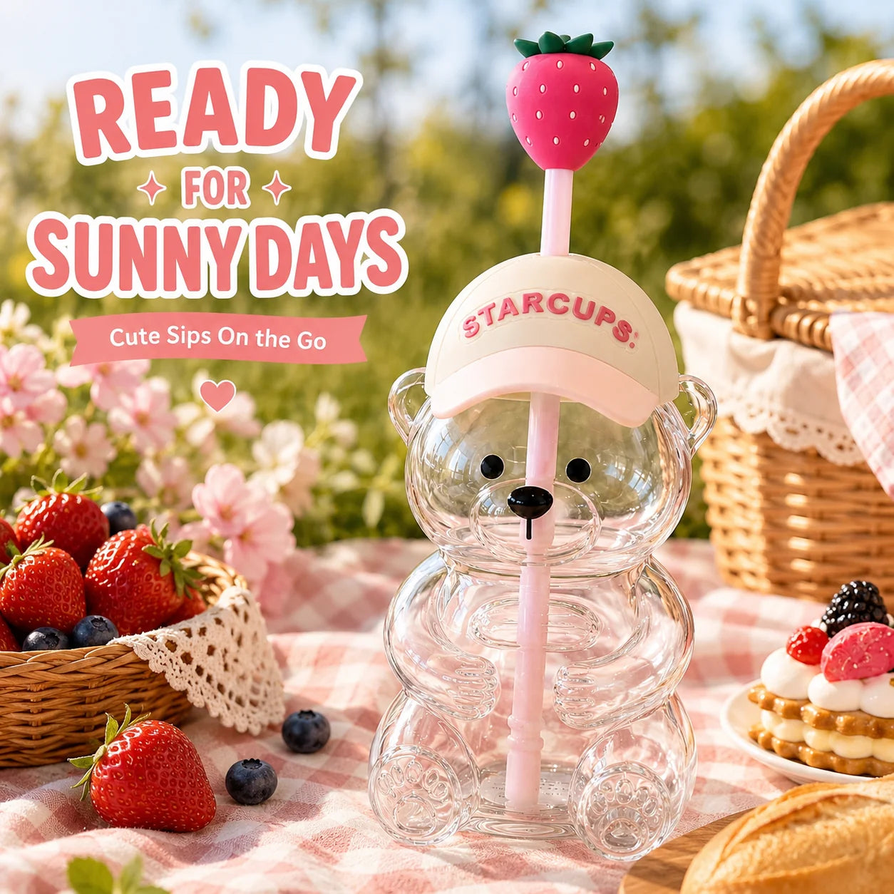 Purpose-Built New Cute Beaar Glass Tumbler with Bear Lid & Strawberry