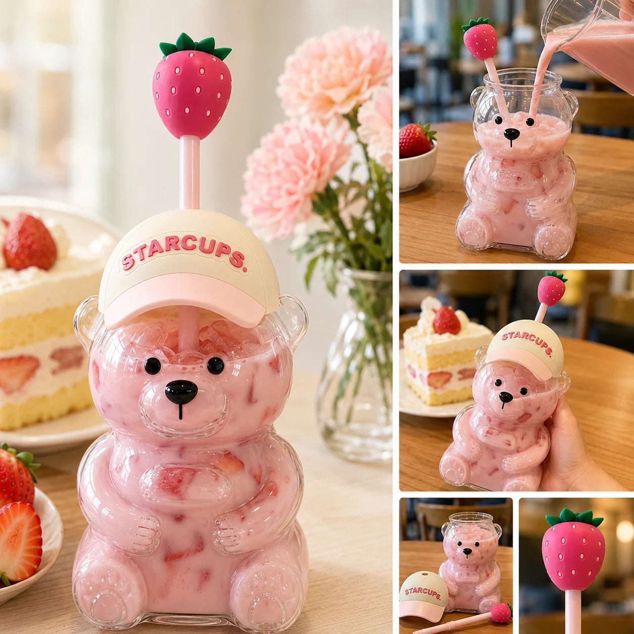 Purpose-Built New Cute Beaar Glass Tumbler with Bear Lid & Strawberry