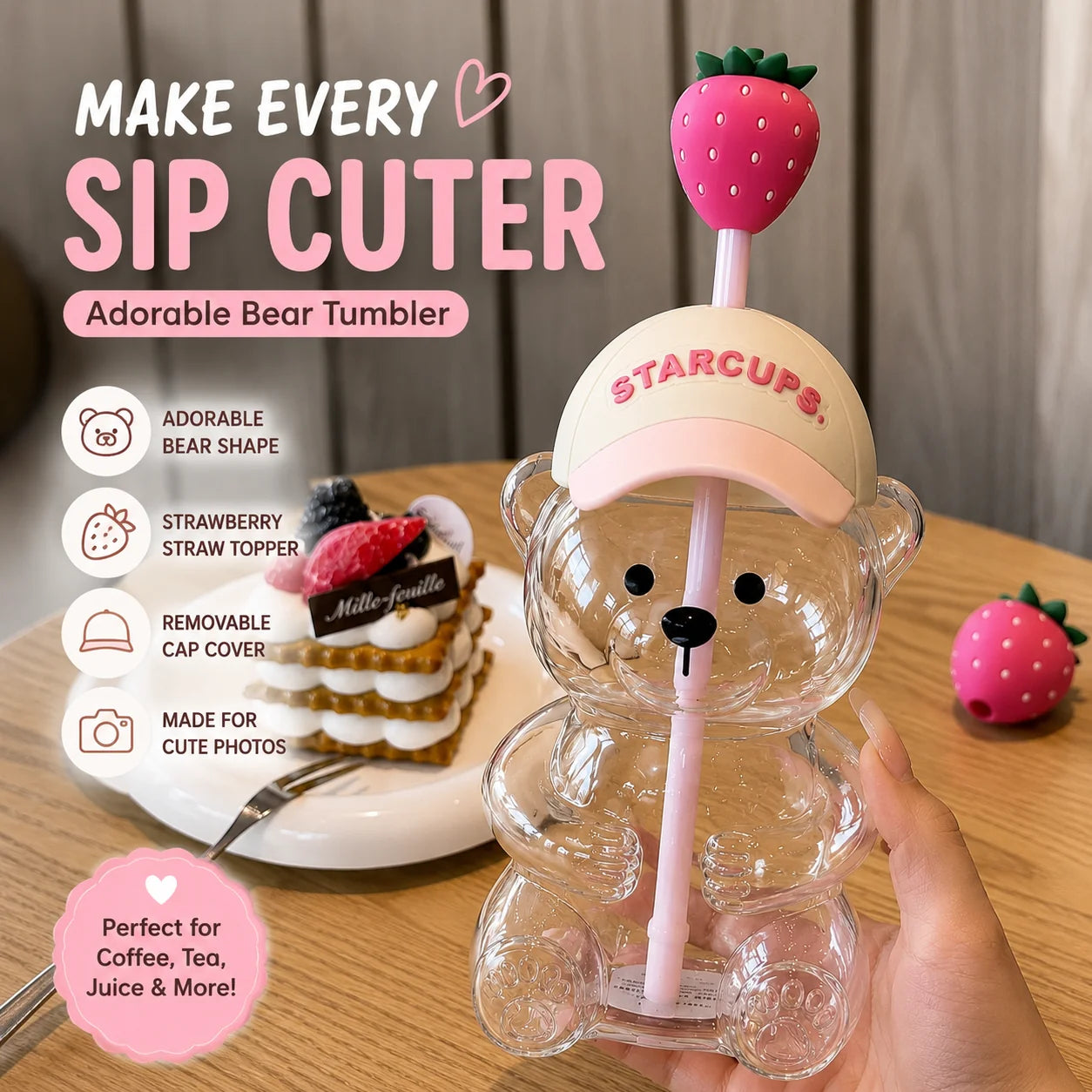 Purpose-Built New Cute Beaar Glass Tumbler with Bear Lid & Strawberry