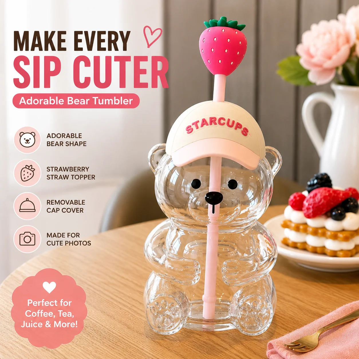 Purpose-Built New Cute Beaar Glass Tumbler with Bear Lid & Strawberry