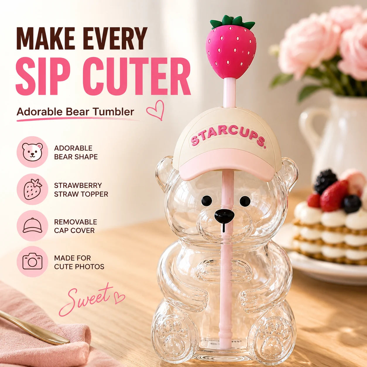 Purpose-Built New Cute Beaar Glass Tumbler with Bear Lid & Strawberry