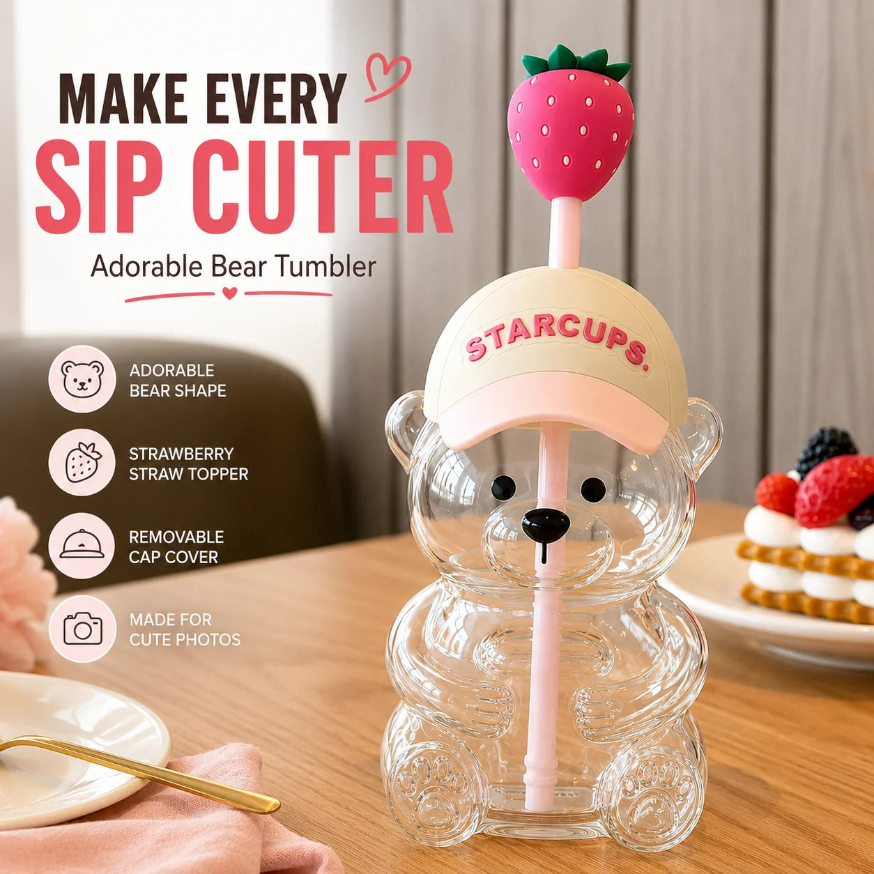 Purpose-Built New Cute Beaar Glass Tumbler with Bear Lid & Strawberry