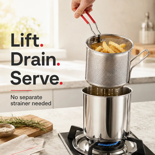 Compact Frying Pot Set with Basket and Food Tongs