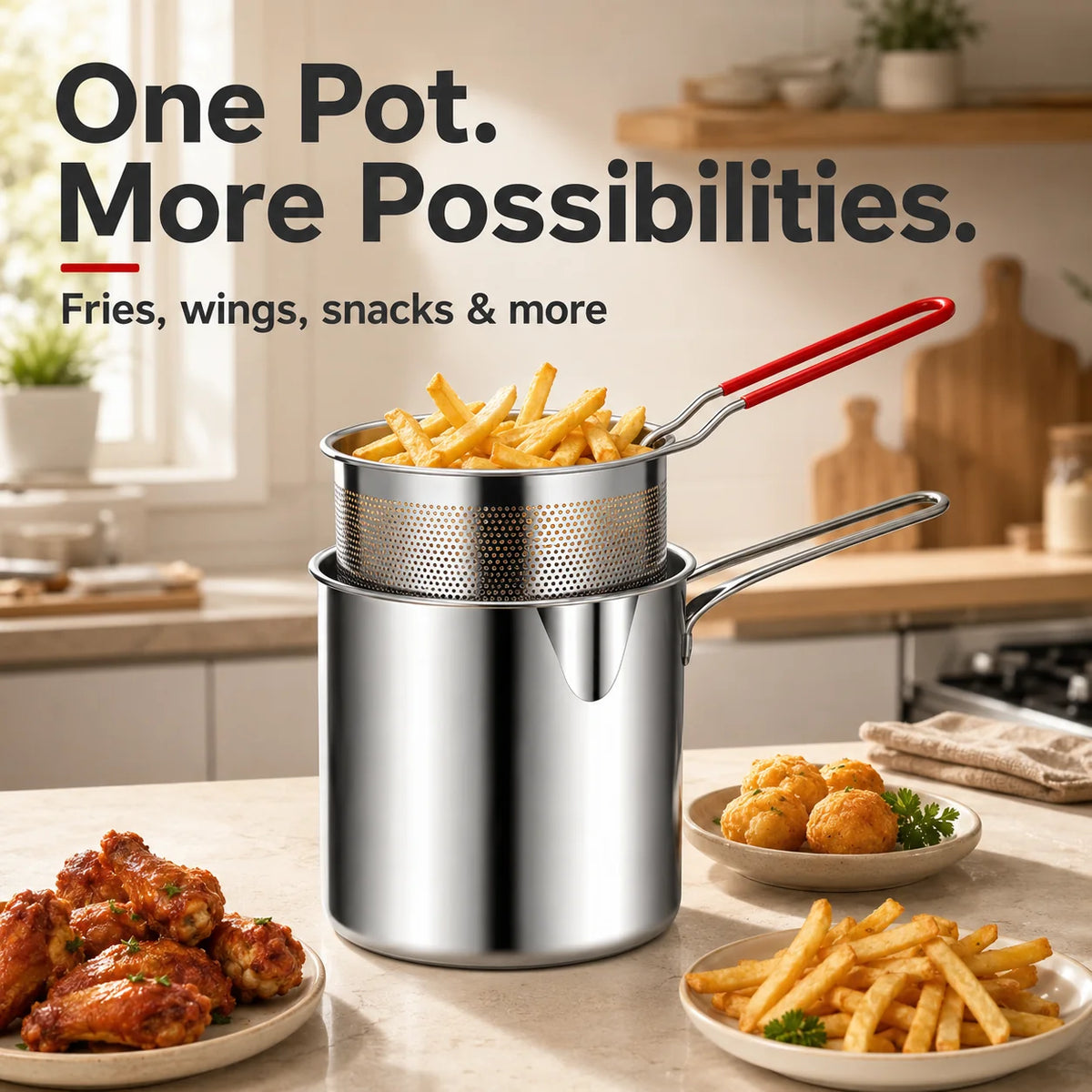 Compact Frying Pot Set with Basket and Food Tongs