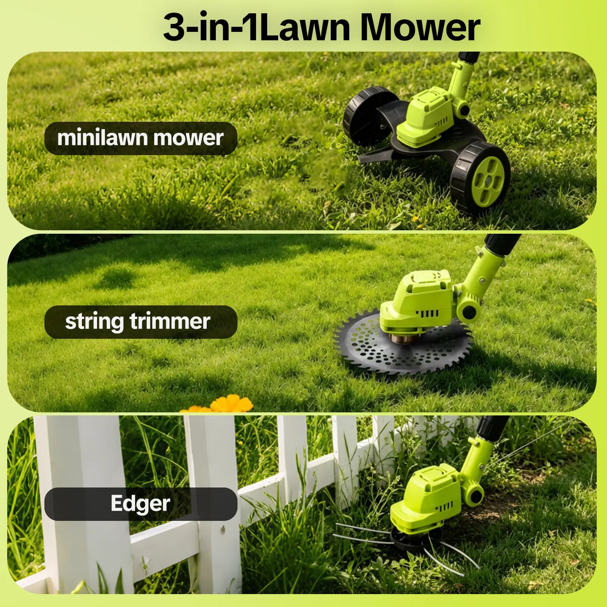 Cordless 3-in-1 Grass Trimmer and Edger with Two 21V Batteries