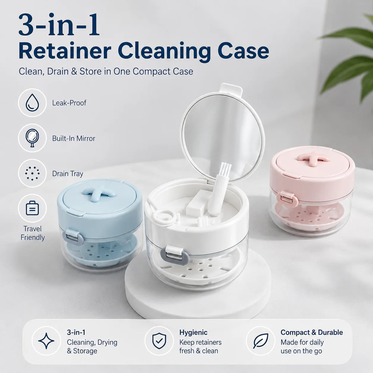 Space-Saving 3-in-1 Leak-Proof Retainer Cleaning Case with Mirror