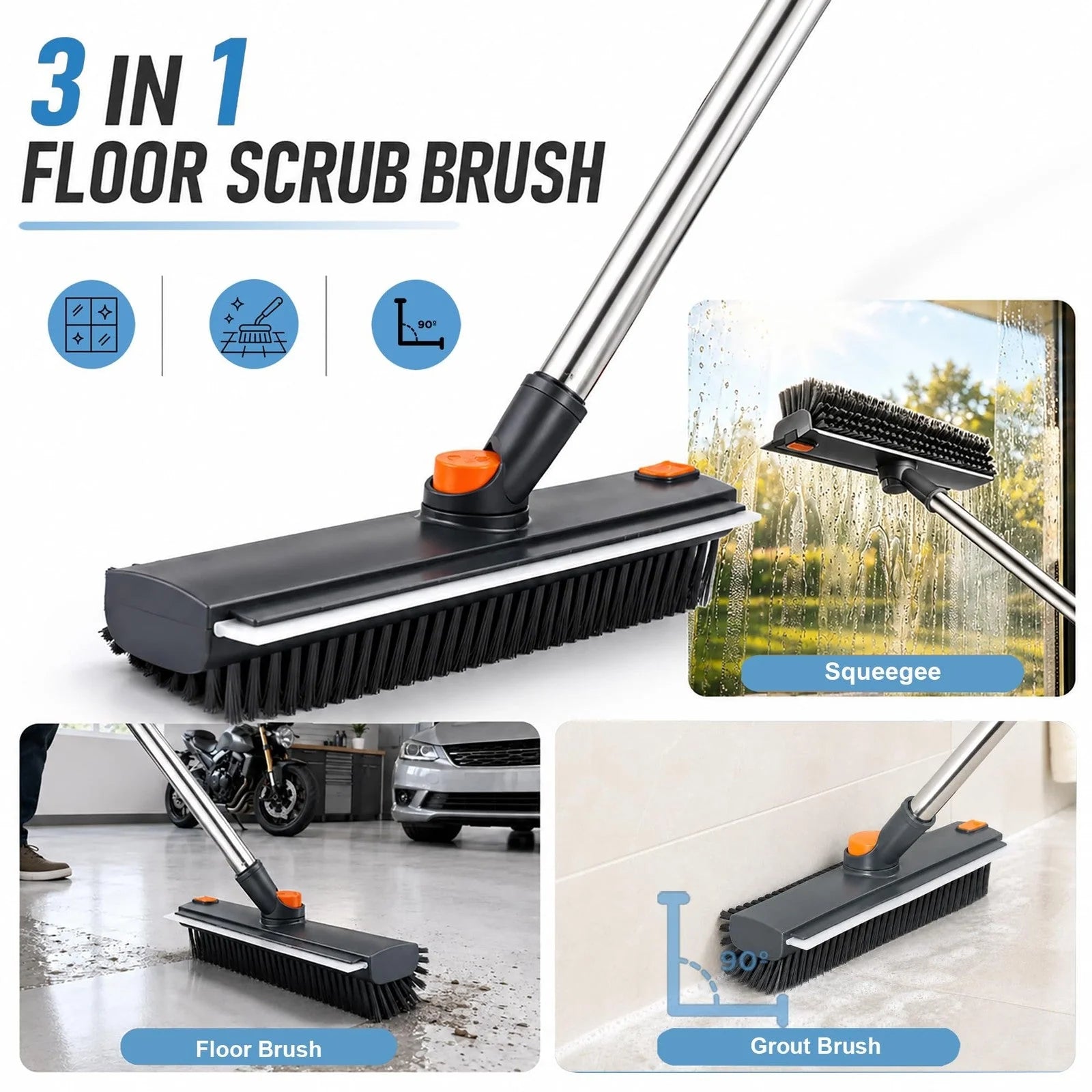 Easy-Care 3-in-1 Rotatable Floor Scrub Brush with Long Stainless