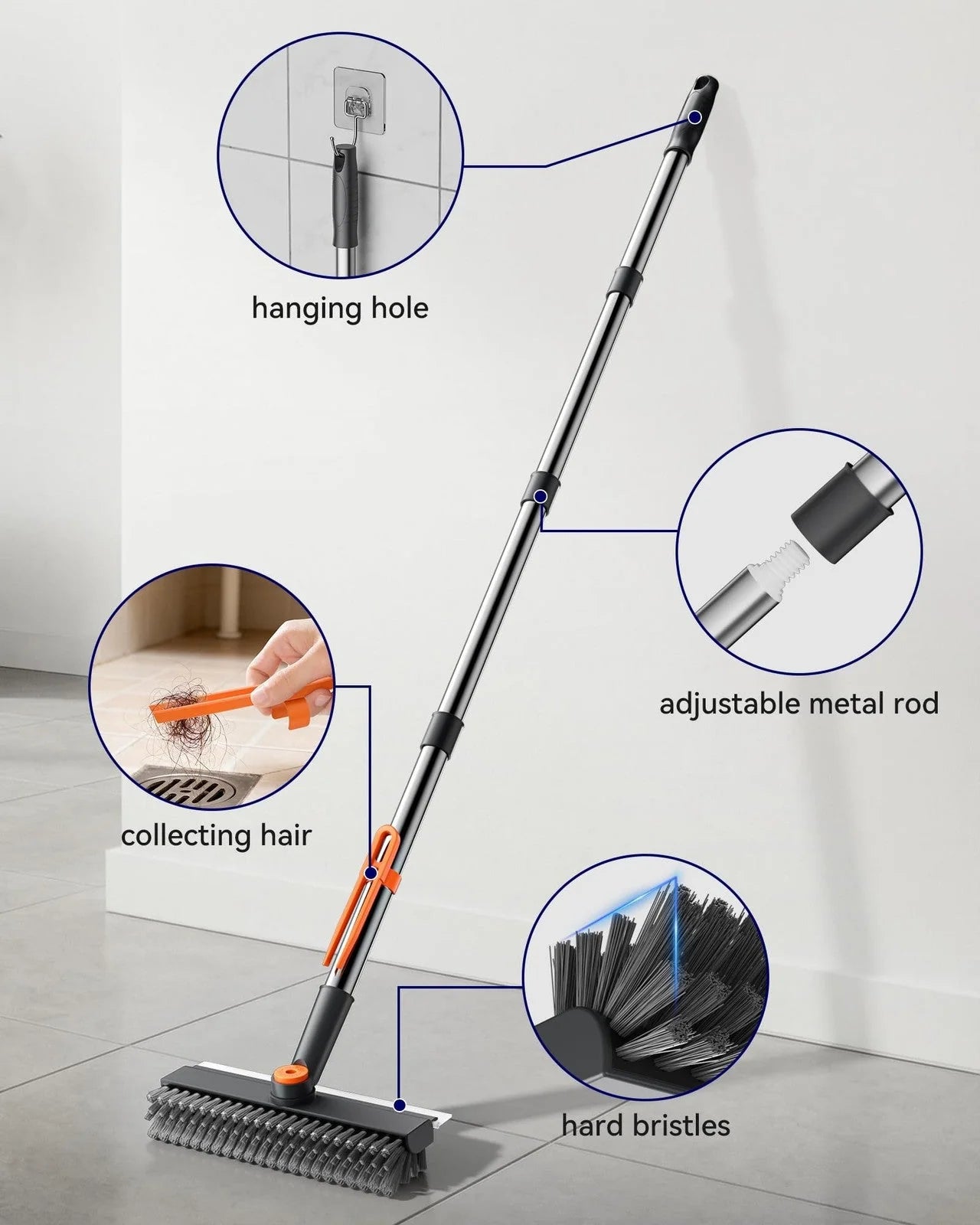 Easy-Care 3-in-1 Rotatable Floor Scrub Brush with Long Stainless