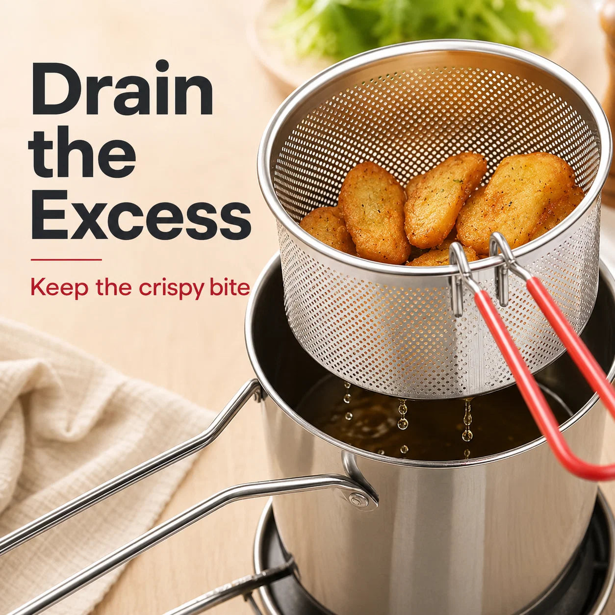 Personal Stainless Steel Mini Deep Fryer with Basket and Food Tongs