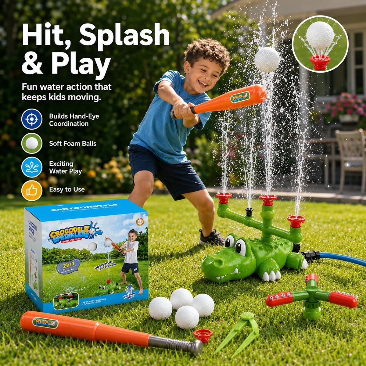 4-in-1 Crocodile Sprinkler and T-Ball Outdoor Play Set