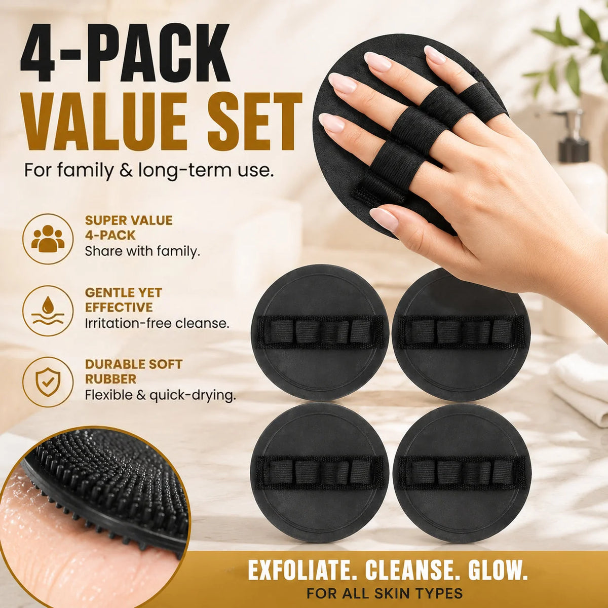 Easy-Care 4-PackSoft Rubber Shower Scrubber for Gentle Exfoliation &