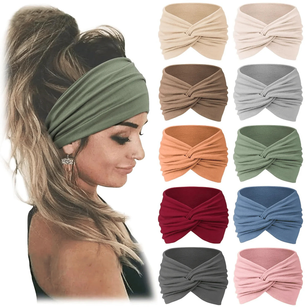 Wide Knotted Turban-Style Fashion Headbands for Women, 10-Piece Set