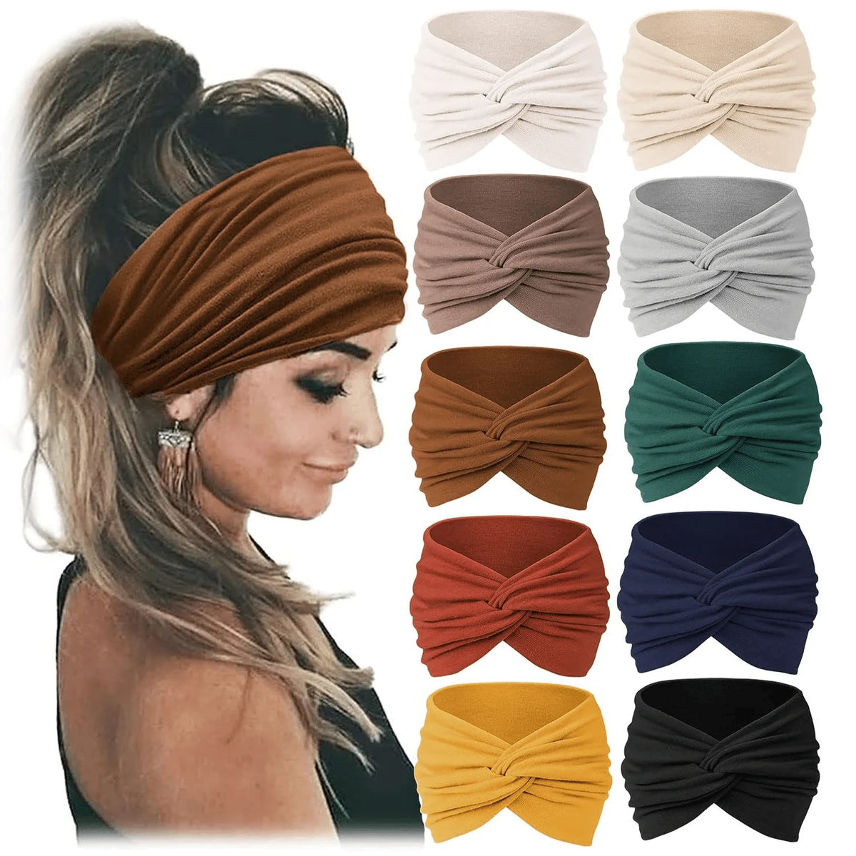Wide Knotted Turban-Style Fashion Headbands for Women, 10-Piece Set