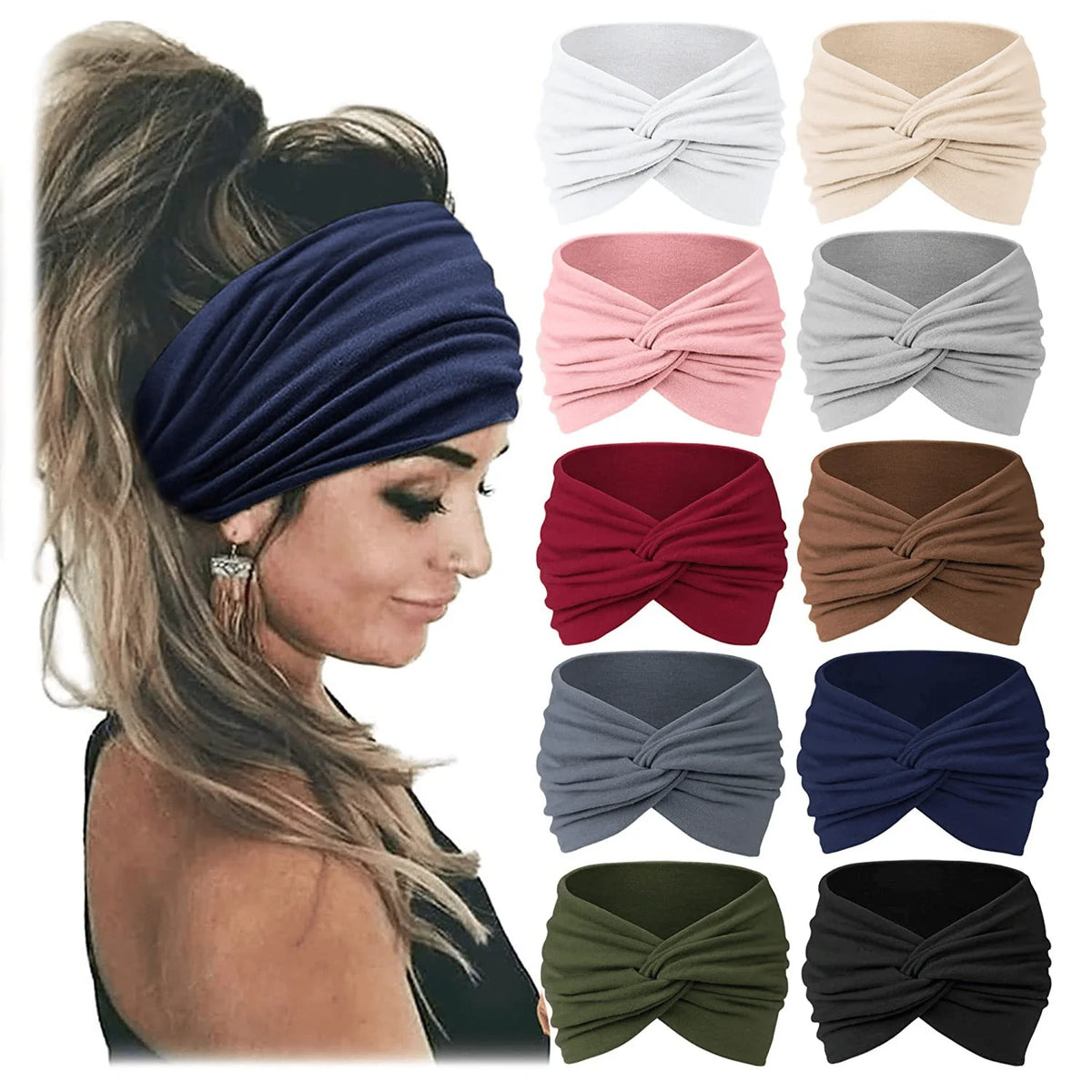 Wide Knotted Turban-Style Fashion Headbands for Women, 10-Piece Set
