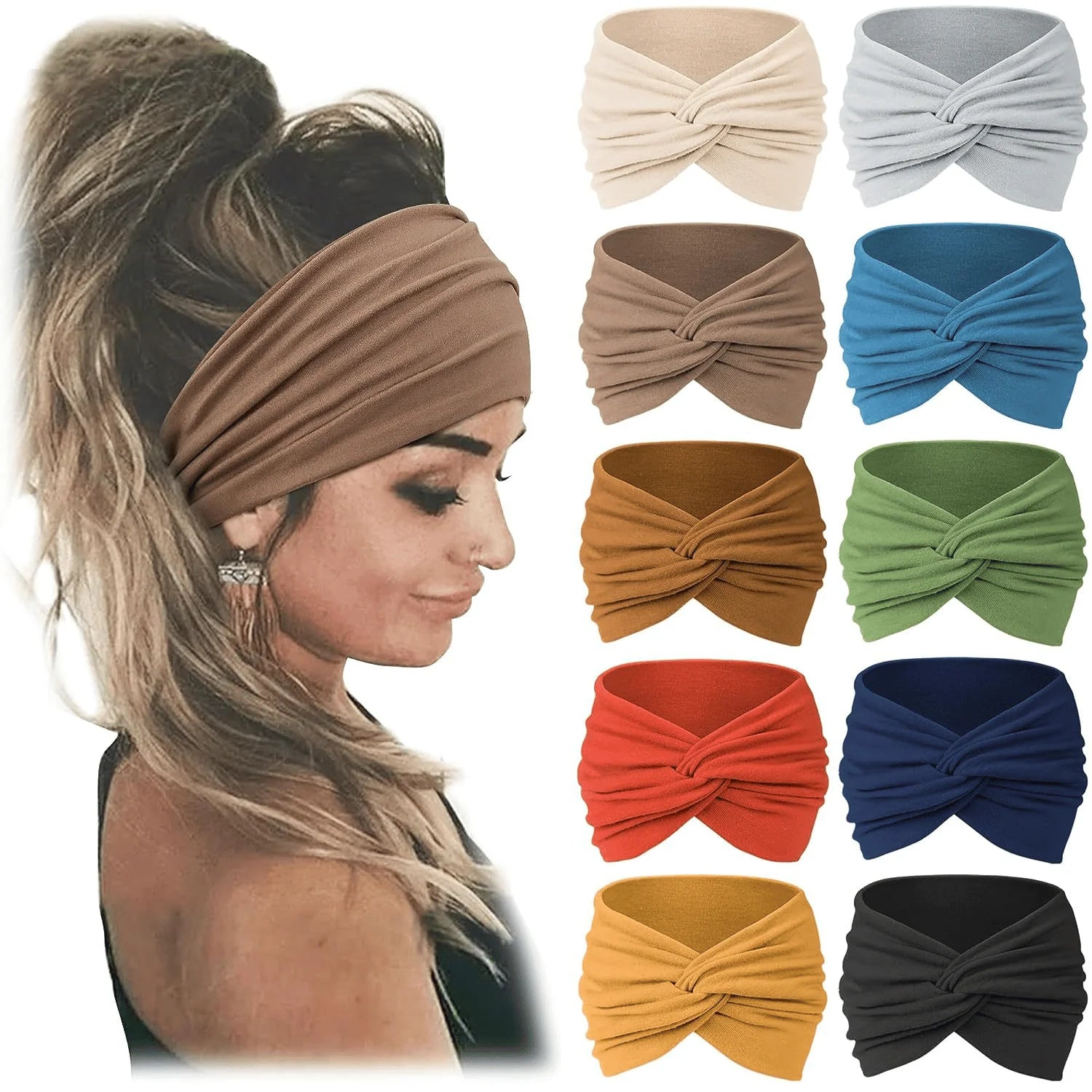 Wide Knotted Turban-Style Fashion Headbands for Women, 10-Piece Set