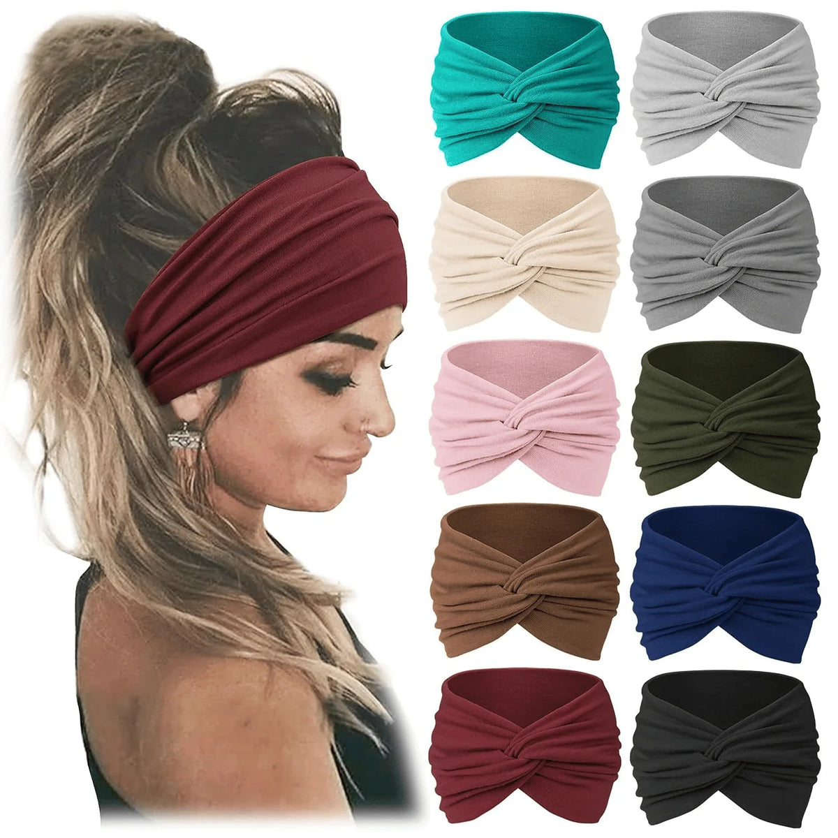 Wide Knotted Turban-Style Fashion Headbands for Women, 10-Piece Set