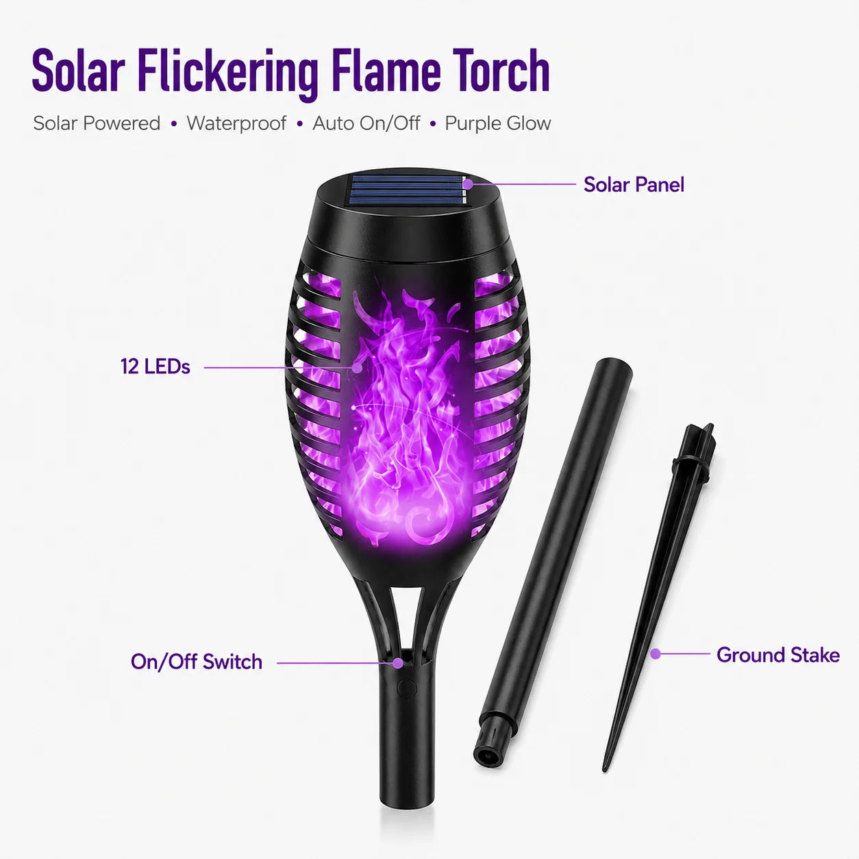 Outdoor 6-Pack Solar Torch Lights：Purple Flickering Flame, Wa – 6 Pack