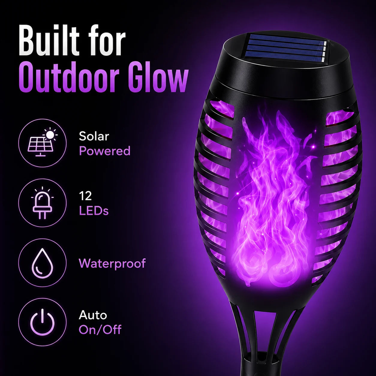 Outdoor 6-Pack Solar Torch Lights：Purple Flickering Flame, Wa – 6 Pack