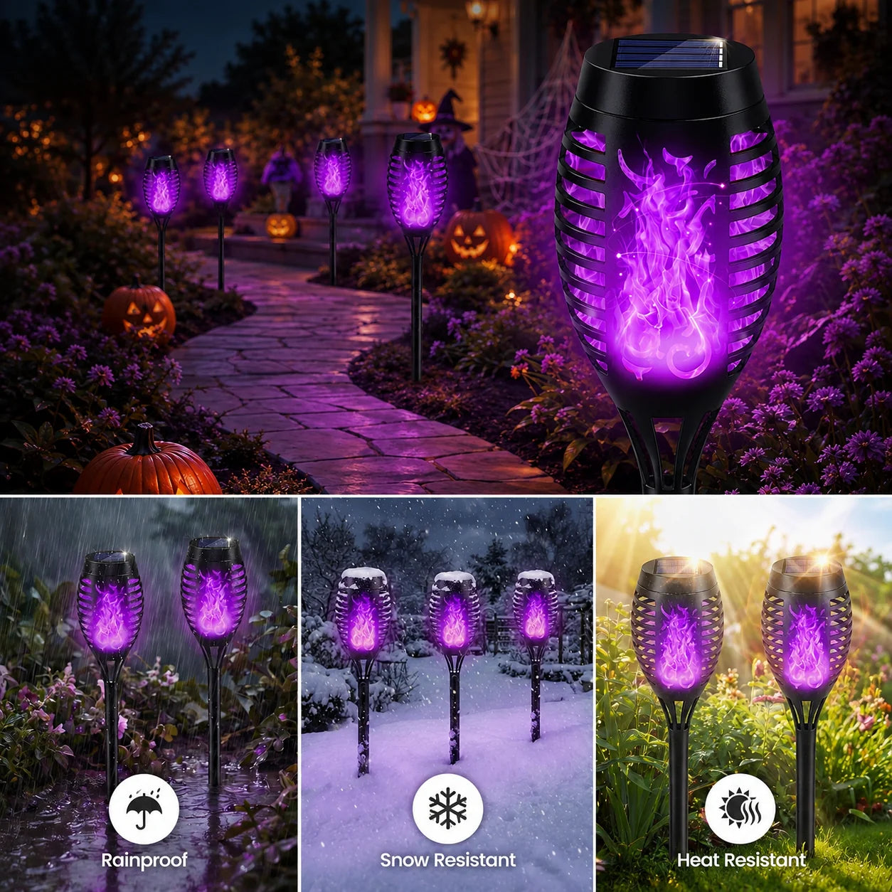 Outdoor 6-Pack Solar Torch Lights：Purple Flickering Flame, Wa – 6 Pack