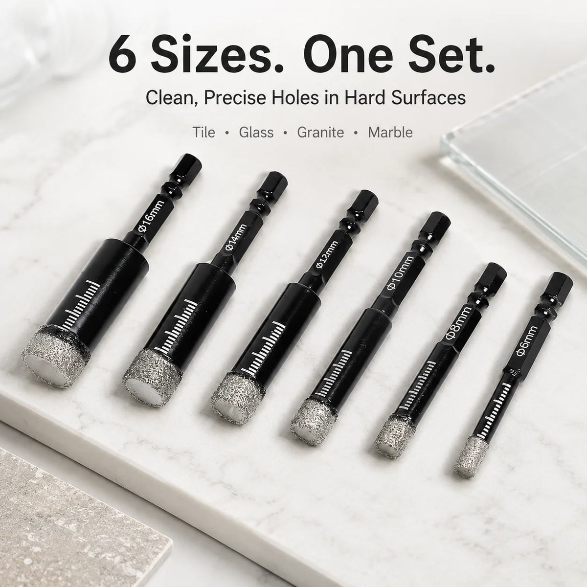 Precision Diamond Hole-Bit Set in Six Sizes for Hard Surfaces