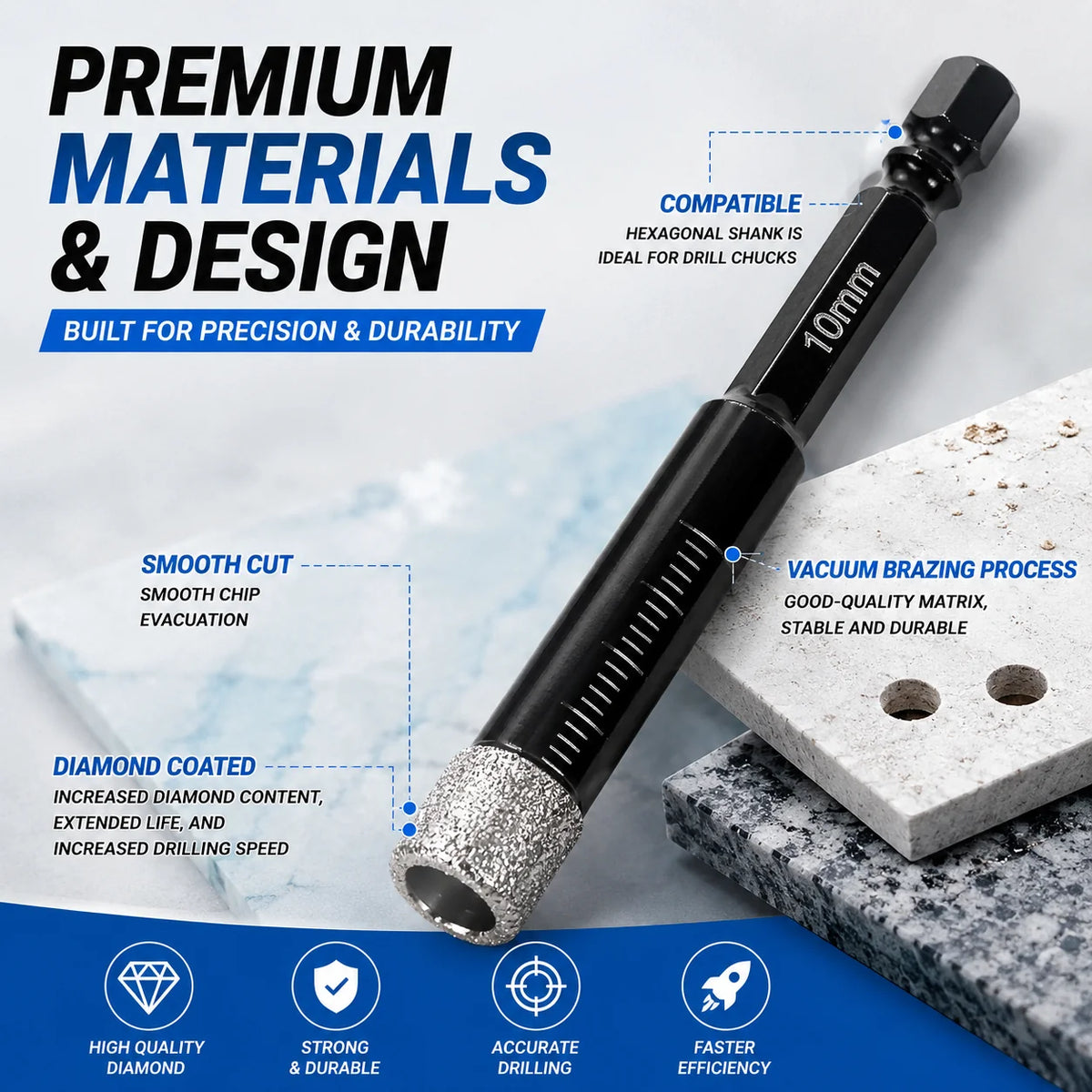 Precision Diamond Hole-Bit Set in Six Sizes for Hard Surfaces