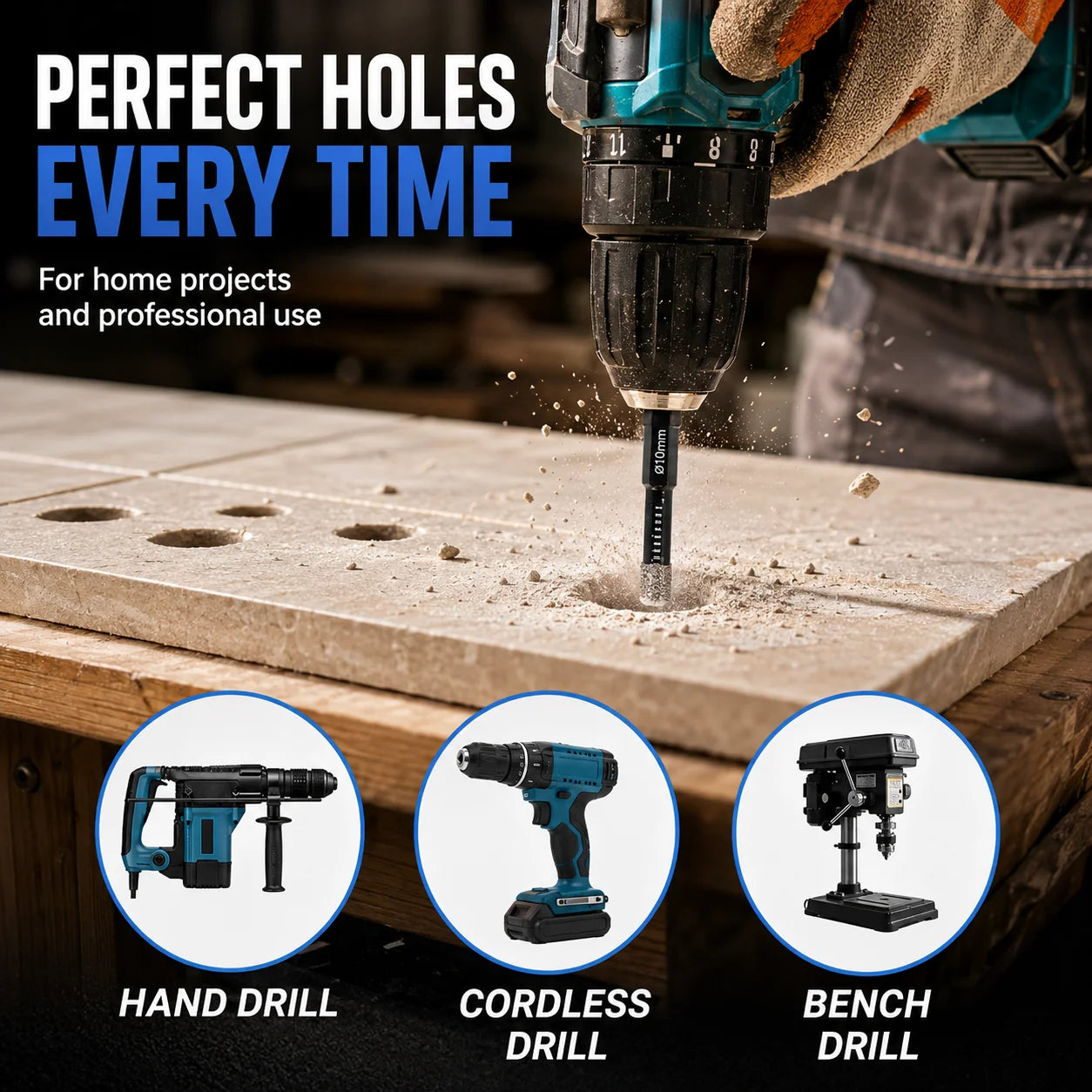 Precision Diamond Hole-Bit Set in Six Sizes for Hard Surfaces