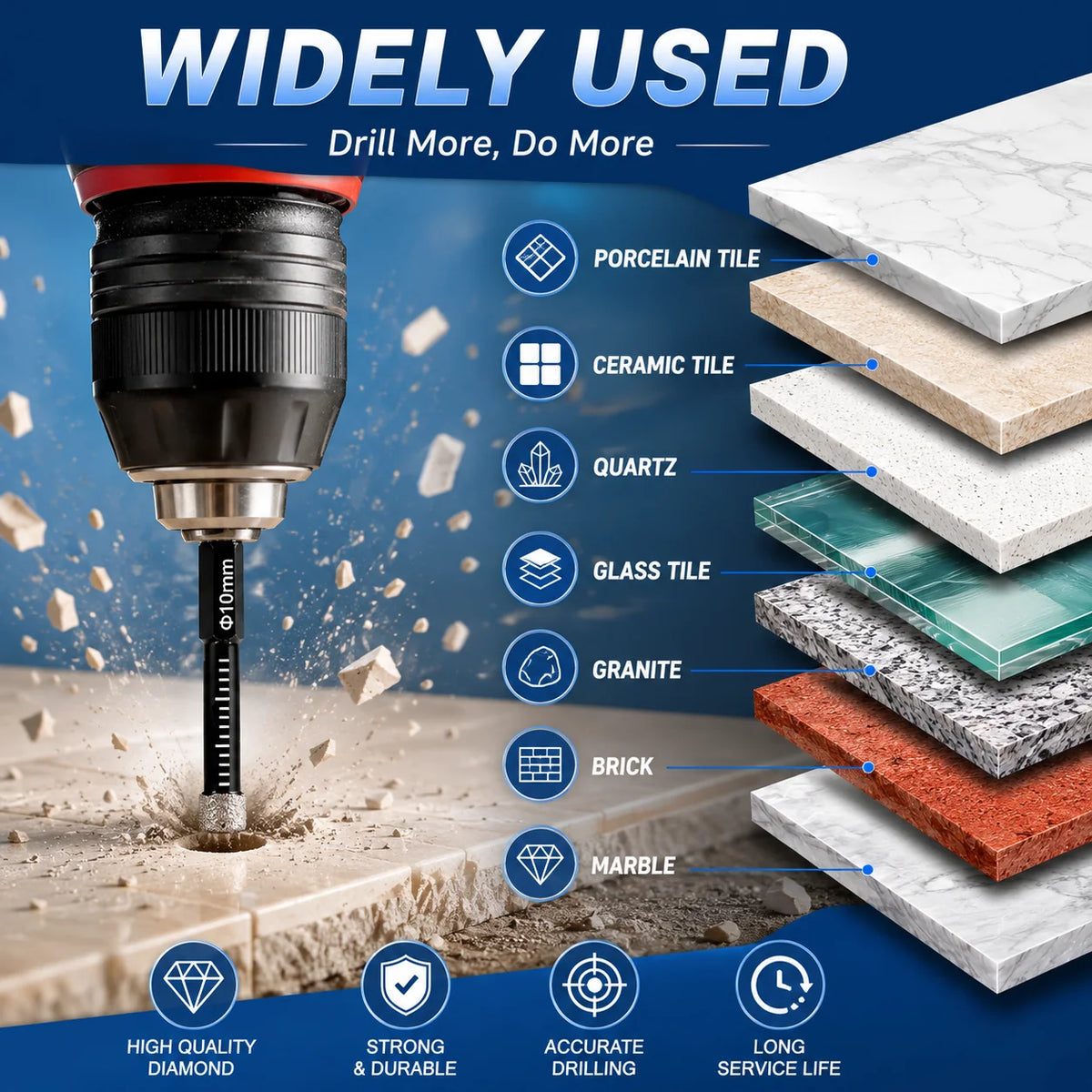 Precision Diamond Hole-Bit Set in Six Sizes for Hard Surfaces