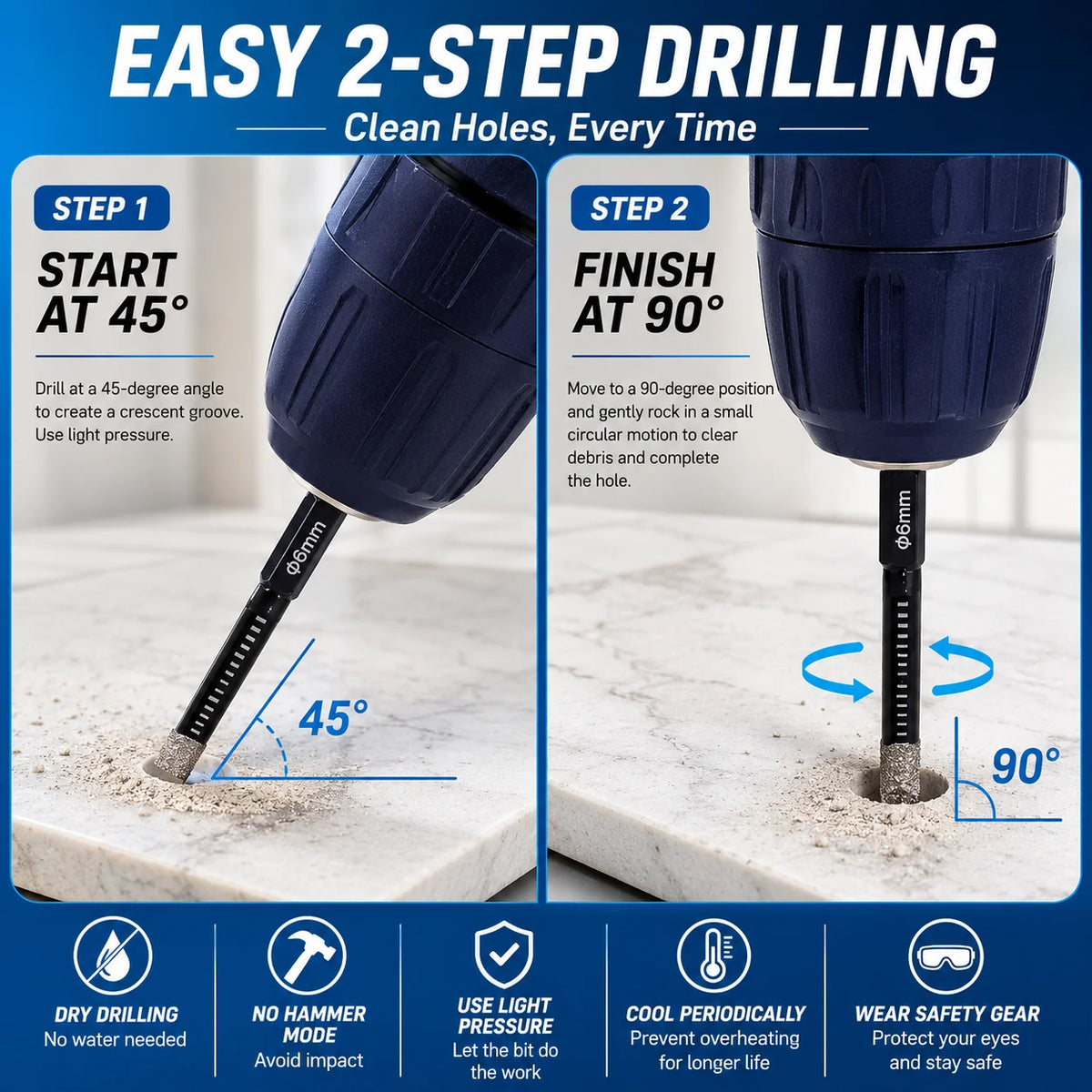 Precision Diamond Hole-Bit Set in Six Sizes for Hard Surfaces