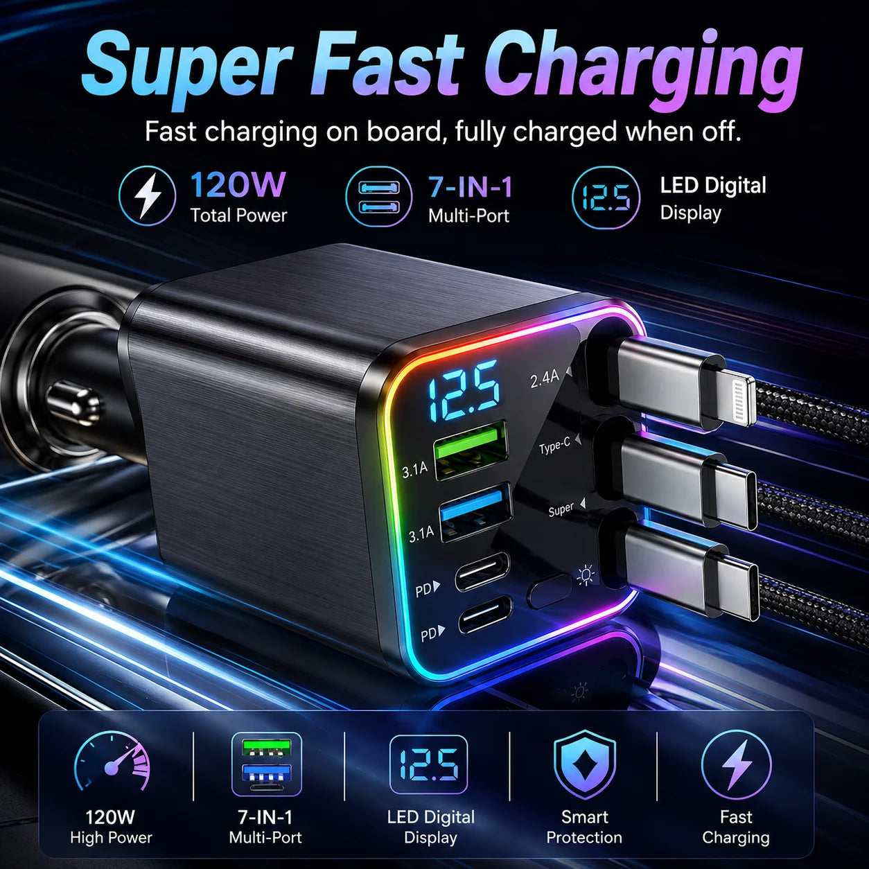 120W Retractable Vehicle Charger with Seven Functions