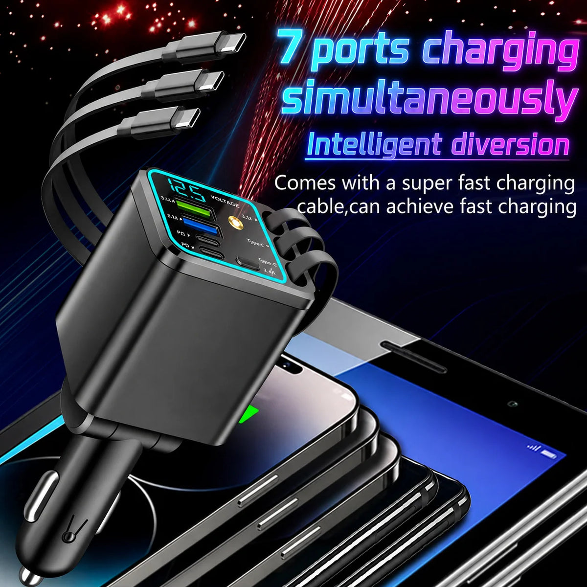 120W Retractable Vehicle Charger with Seven Functions