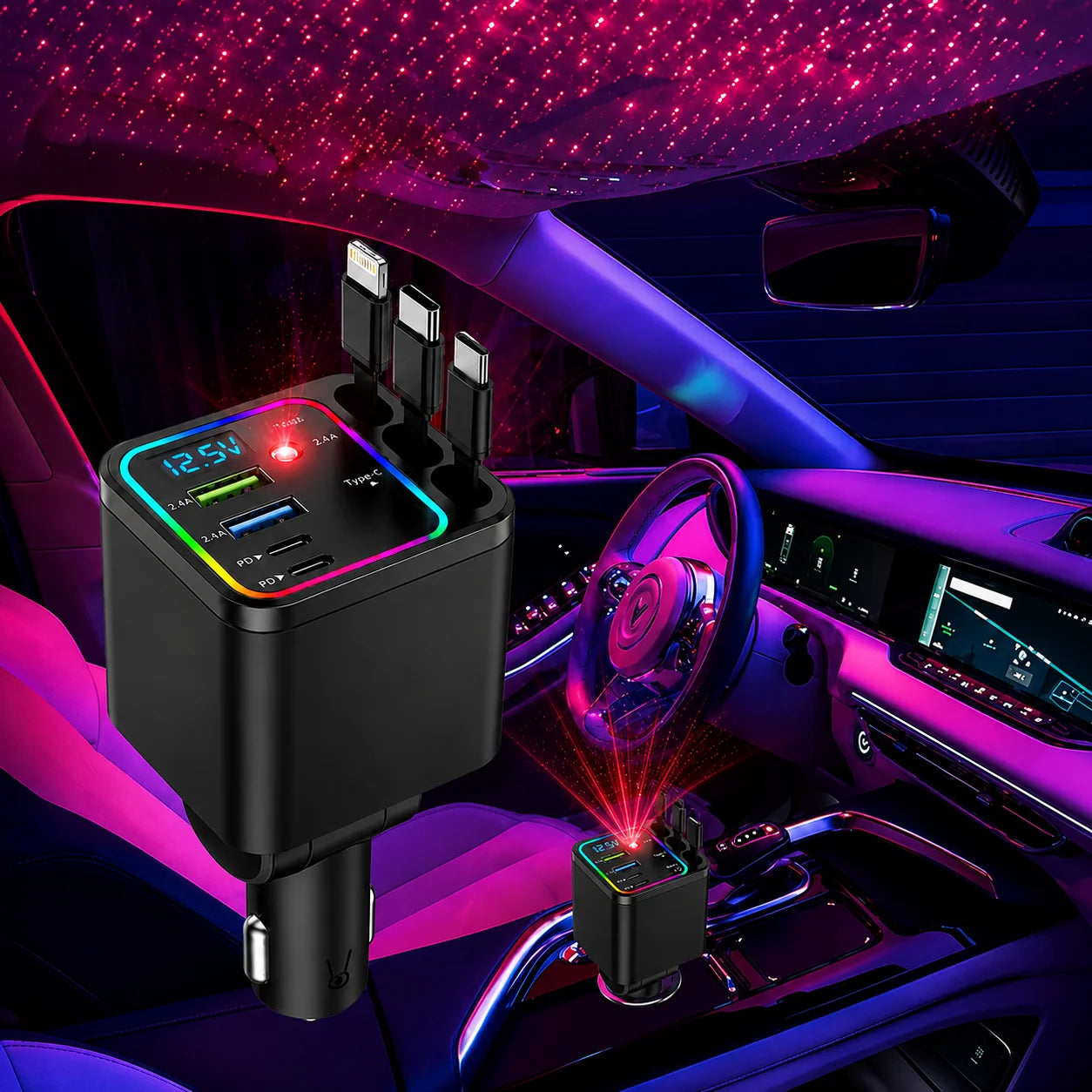 120W Retractable Vehicle Charger with Seven Functions