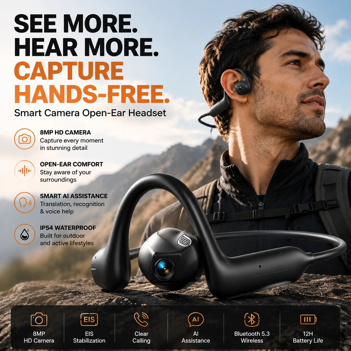 Distinctive Smart earphones with 8MP camera for photos and videos, AI