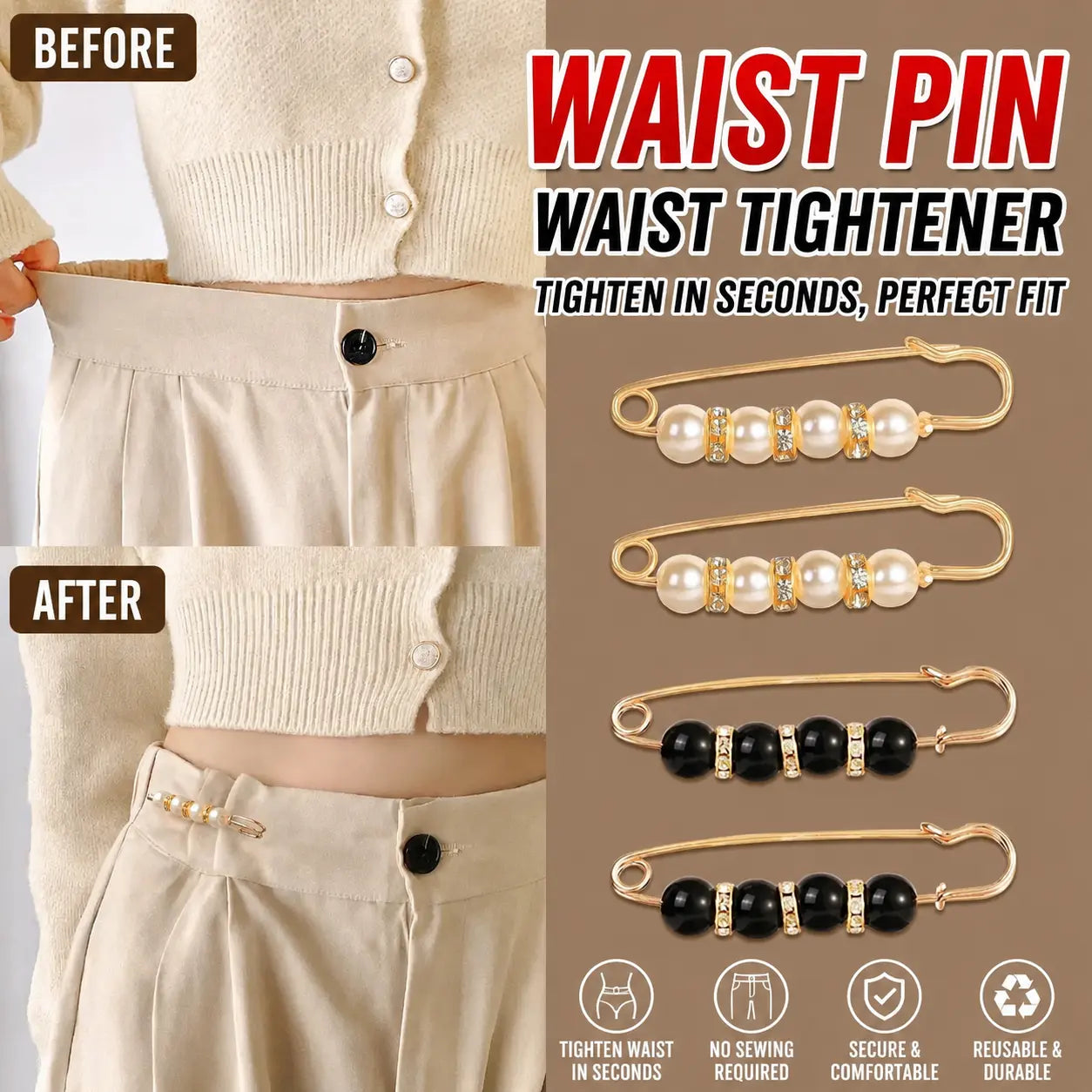 Faux Pearl Brooch Safety Pins for Dresses and Scarves, 8-Piece Set