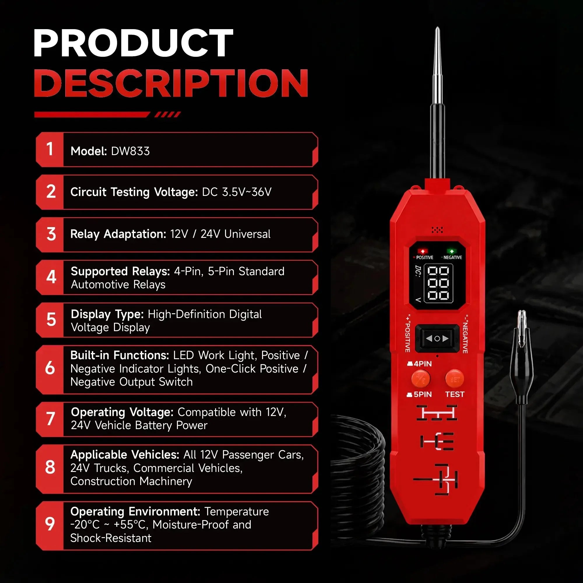 Vehicle-Ready Automotive Circuit & Relay Tester,12V/24V Vehicle