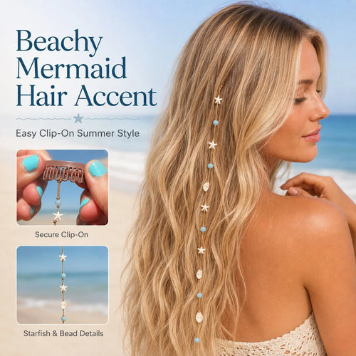 Mermaid Hair Clip with Blue Beads, Starfish and Shell Charms